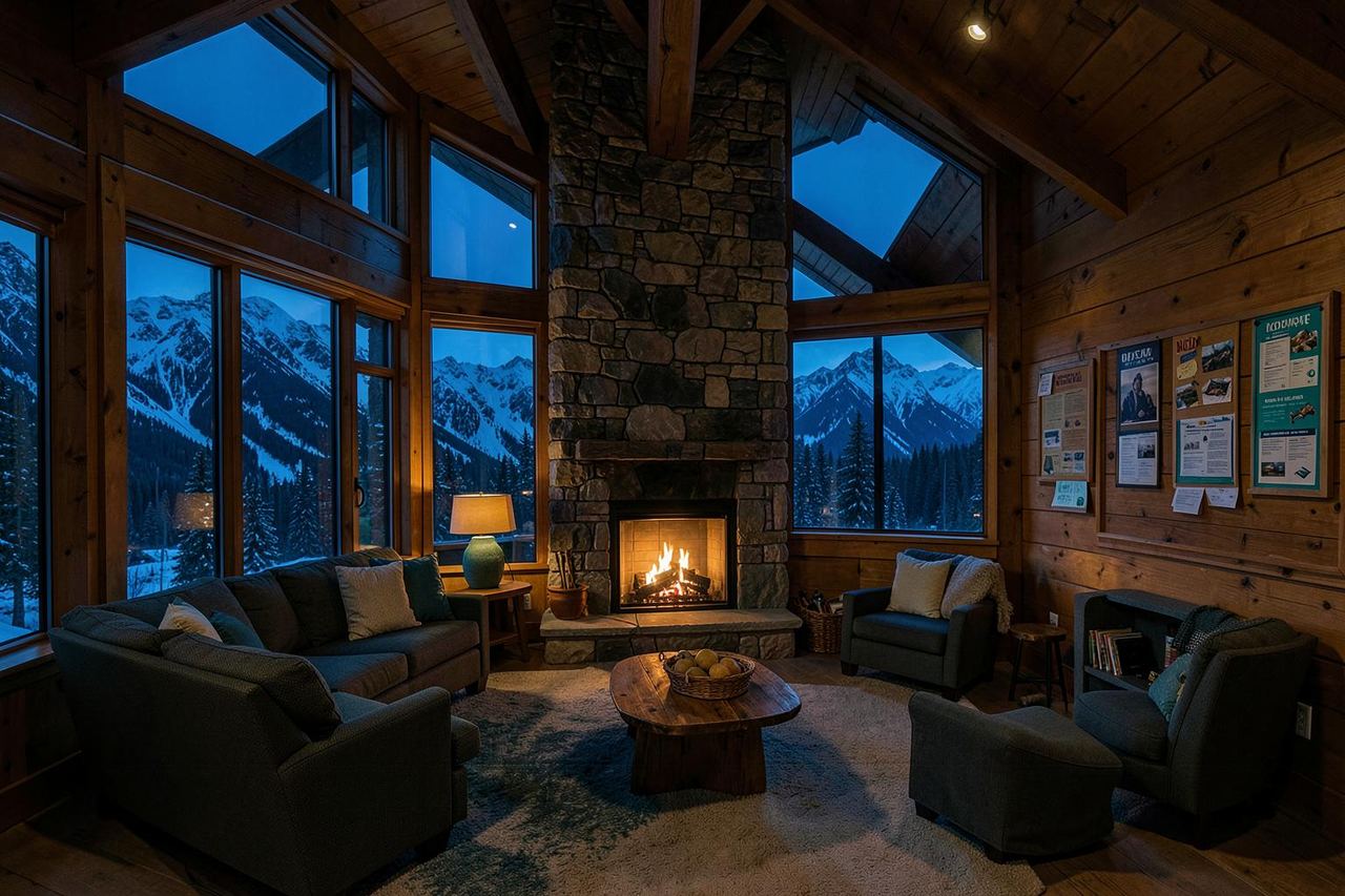 A warm mountain lodge with a fireplace and conversation areas