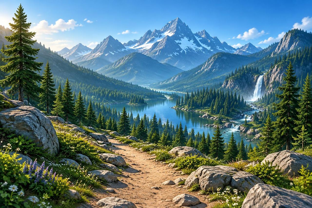 Doinit's alpine Base Camp with paths leading into the Next Move world