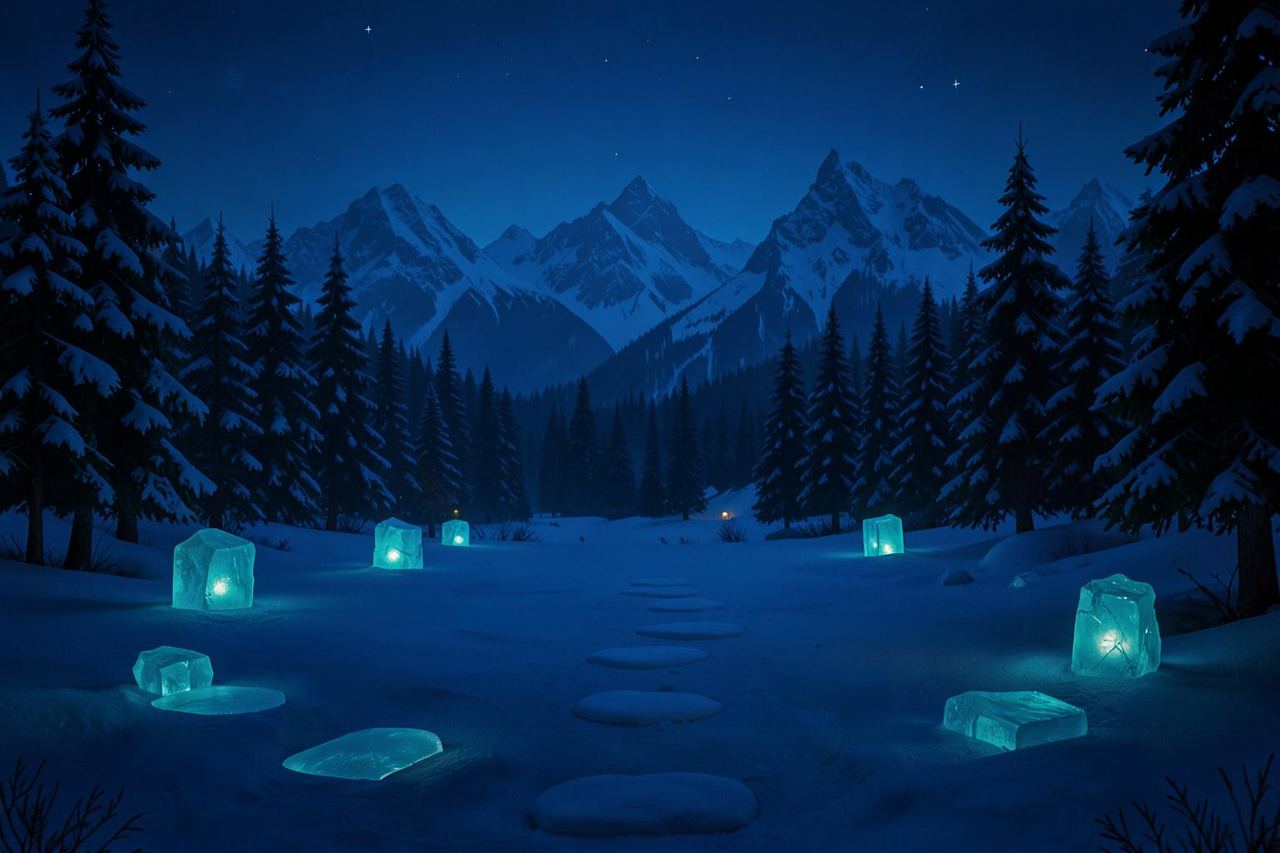 A quiet alpine game clearing lit by teal ice lanterns